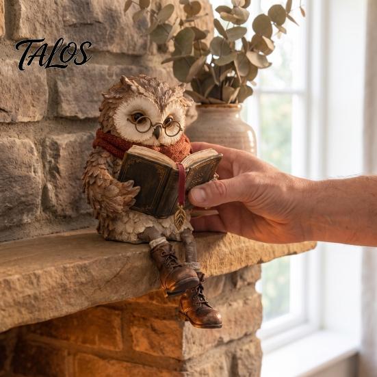 Retro Owl Figurine Vintage Reading Figurine, Holding Book Shelf Sitter, Round Glasses Desktop Statue for Bookshelf, Mantel, Home, Office, Gift Reader