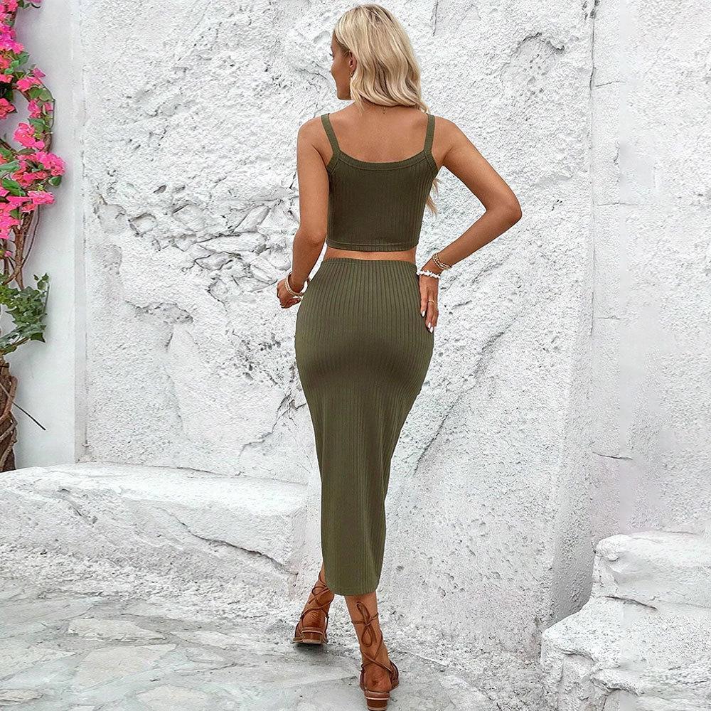 New Summer Women's Fashion Casual Office Wear Set with Halter Tank Top and Split Skirt Two-piece
