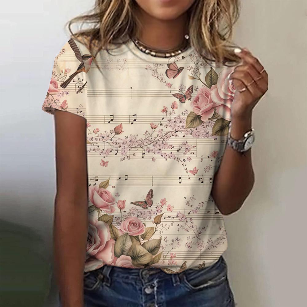 Summer Women's Rose Y2K Pattern Short Sleeve Summer Crew Retro T-shirt