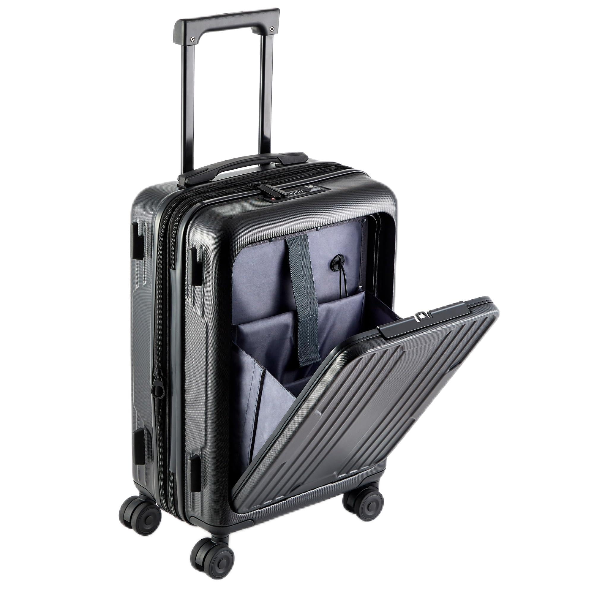 

Suitcase with Expandable Front Separate Front USB Side TSA Silent Double Black [Garvee] Carry-on Design, 38L/44L Capacity, Opening, Pocket, Port, чорний