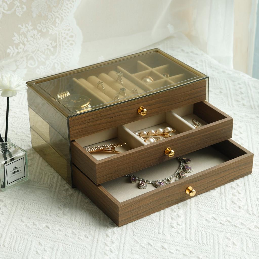 Vintage Walnut Jewelry Organizer Earrings Necklace Dust Jewelry Box Home Desktop Large Capacity 3 Layer Jewelry Box
