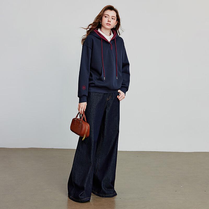 Chuyu Women's 2025 Fall Color-Block Embroidered Loose Fit Hoodie