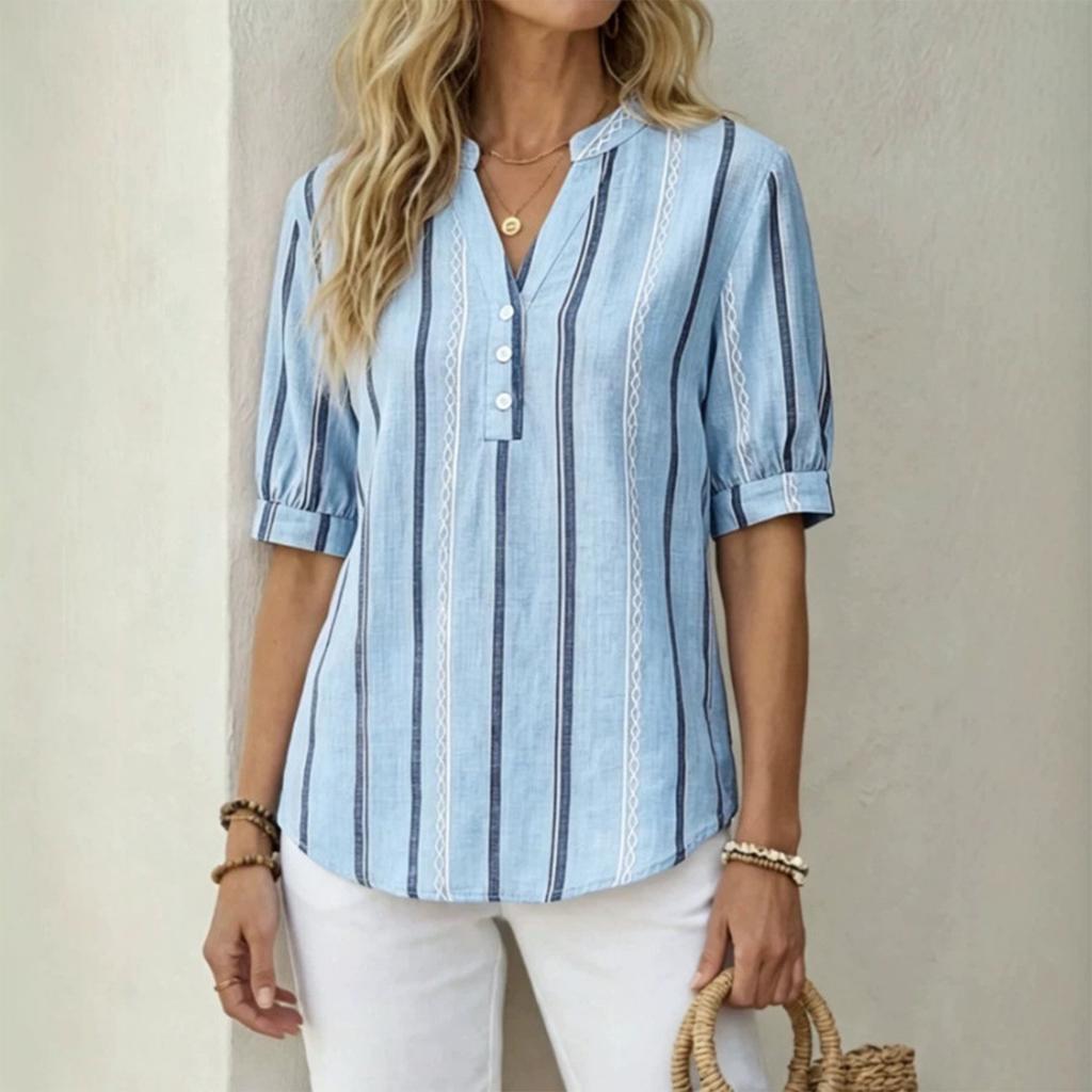 Dames Zomer Korte Mouw Losse Pasvorm Gekreukeld Linnen Gestreept Print Shirt Top