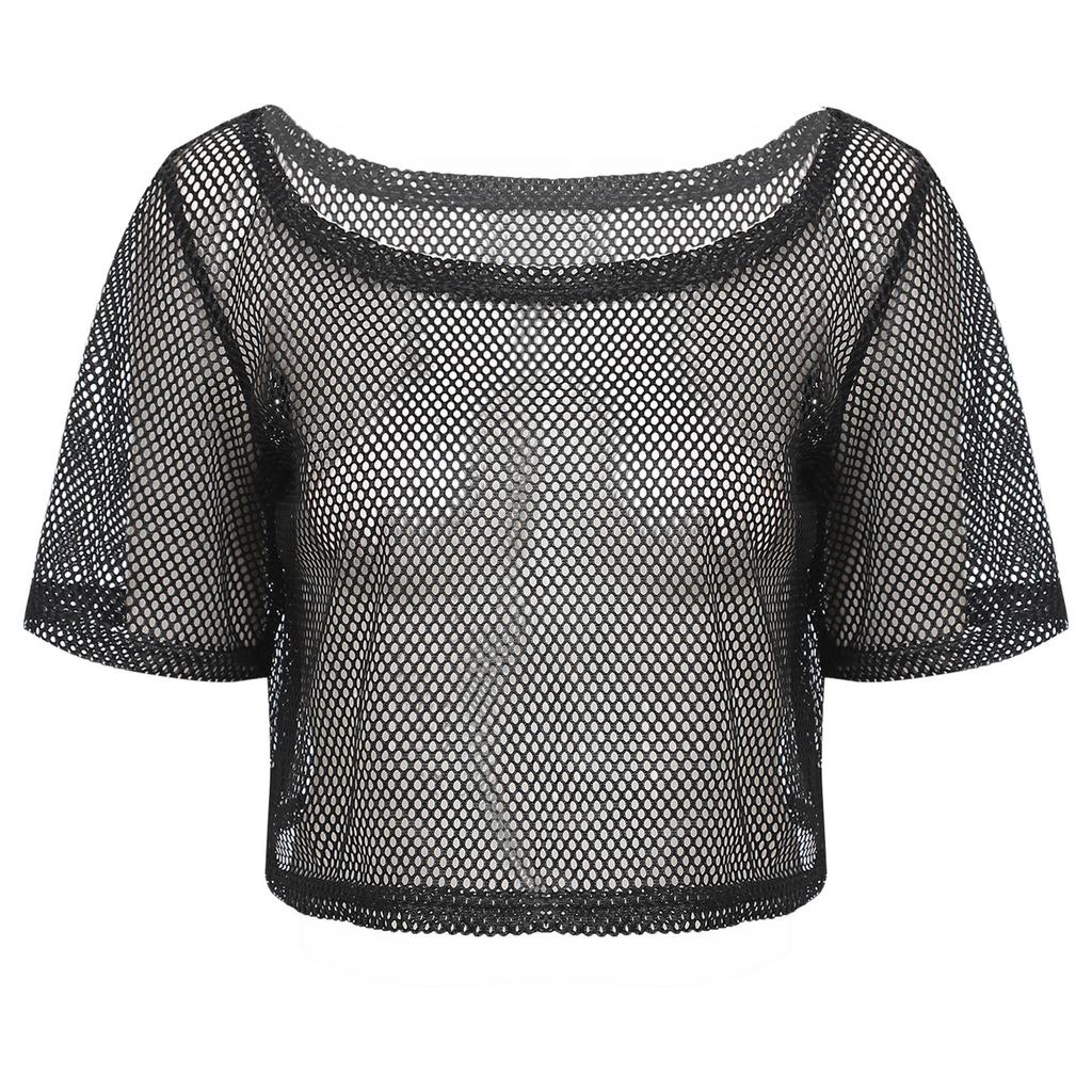Damen Neon 80er Disco Fischernetz T-Shirt Kurzarm Ausgeschnitten Netz Crop Top