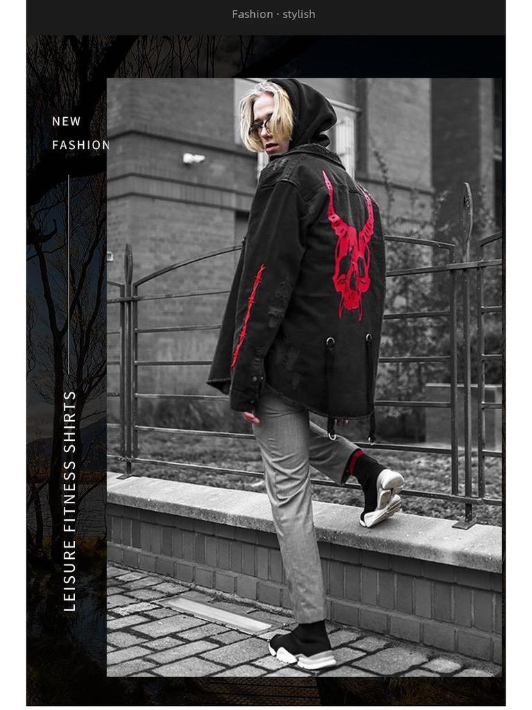 Herren-Jeansjacke im koreanischen Stil mit trendigem Totenkopf-Motiv – lockere Passform für Frühling/Herbst