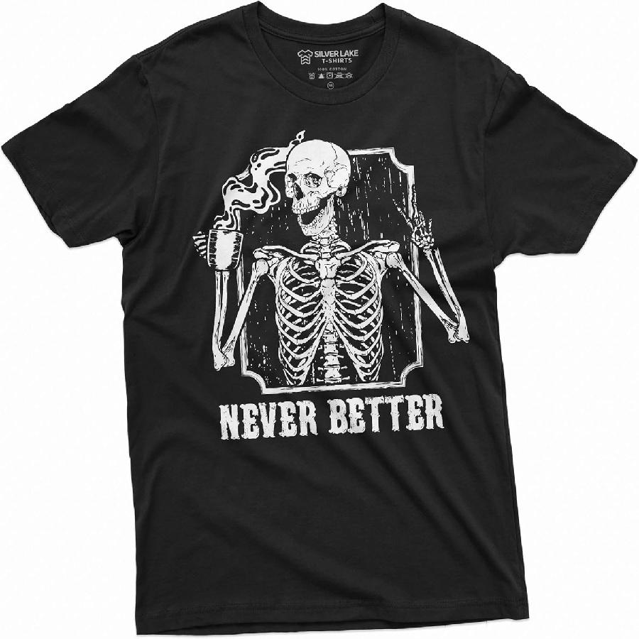 Coffee and Skeleton Halloween Funny T-Shirt Mens Womens Unsiex tee Coffee Tea Drinking Costume S