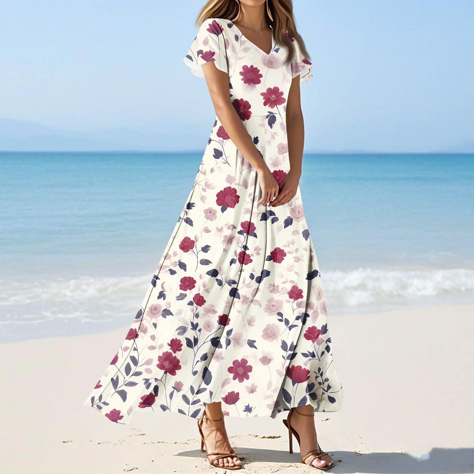 

Women s Casual Fashion Print Long Dresses V-Neck Short Sleeve Dresses L винний