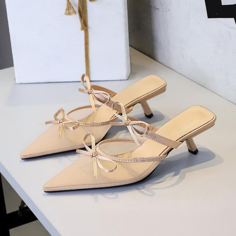 Korean Version Of Lace Half-Tugged Thin Heels For With Pointed Toe Shallow Mouth Bow With One Strap Strap Mid-Heel Slippers