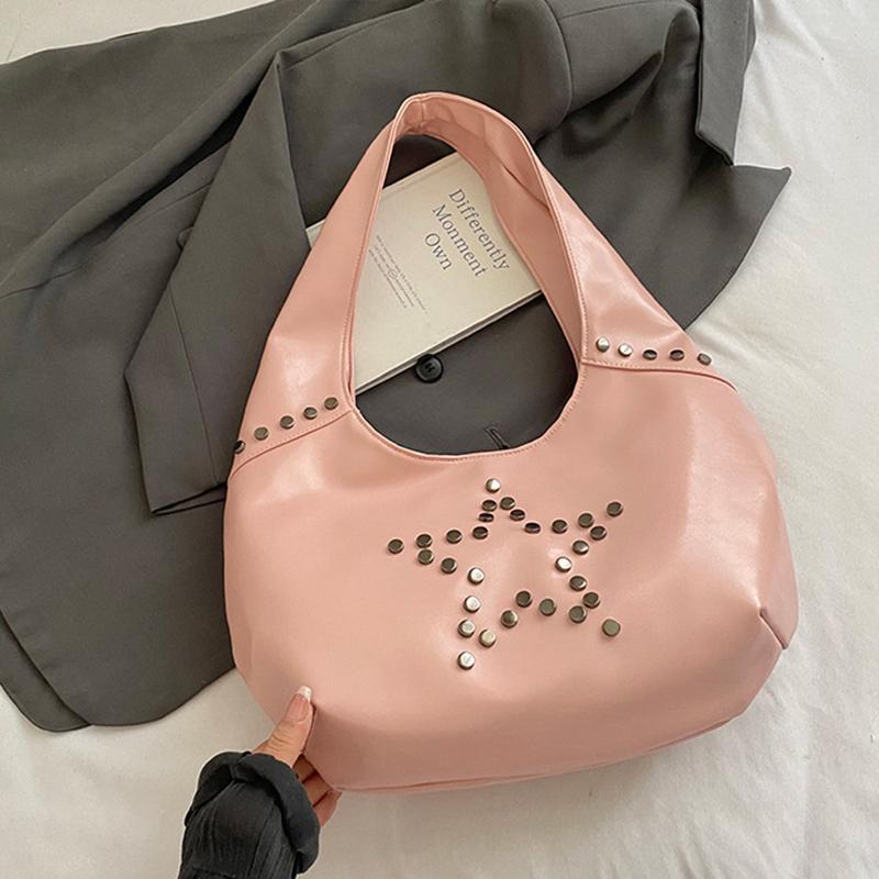 Retro Star Rivet Tote Bag Solid Pu Leather Shoulder Bag Large Capacity Female Casual Shopping Underarm Pack Lady Handbag
