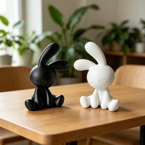 1 Pair Bunny Figurine 3D Printed Cute Black And White Rabbit Decoration for Office Desktop Bedroom Car Dashboard Home Decor