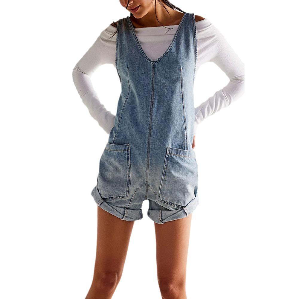 2024 Sommer Europäischer & Amerikanischer Stil Tasche Träger Waschen Denim Overall Shorts