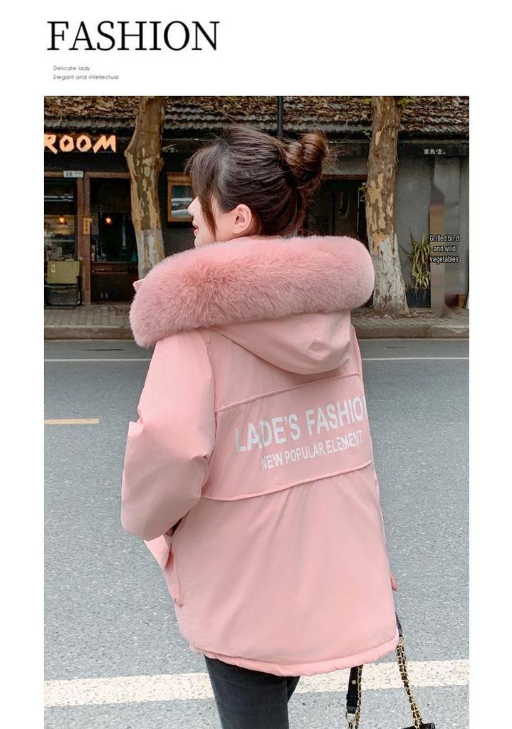 Women's Mid-Length Slim Fit Cotton Parka with Large Fur Collar - Korean Style, Plus Velvet, Thick, and Warm for Winter 2026.