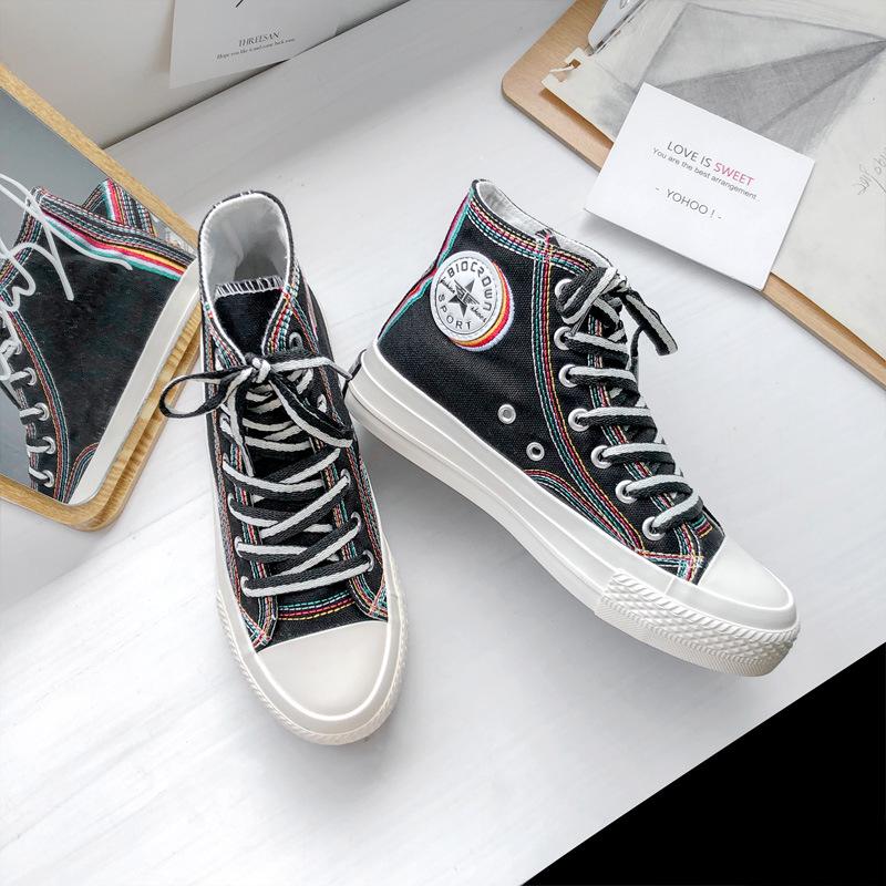 

Женские высокие кроссовки из парусины в стиле ретро 2020 года – бежевые со шнуровкой в корейском стиле 37 чёрный