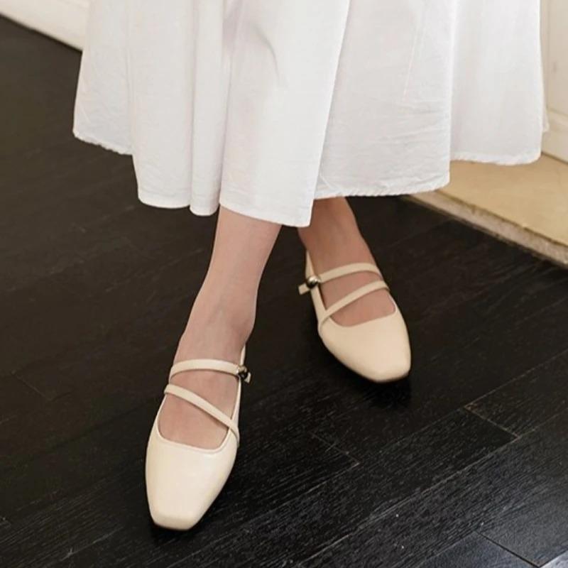 Low Heel Less than 3cm Slip-On Flat Head Square Rubber Sole Women's Shoes Korean Style Solid Color Adult Flats Pumps