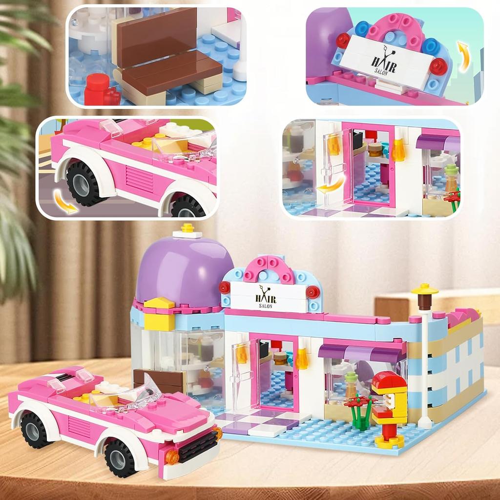 BRICK STORY Girls Friends Hair Salon Building Kit with 2 Mini People 5 Dolls Hair Creative Girls Friends Sets 358 Pieces with a Pink Convertible Car