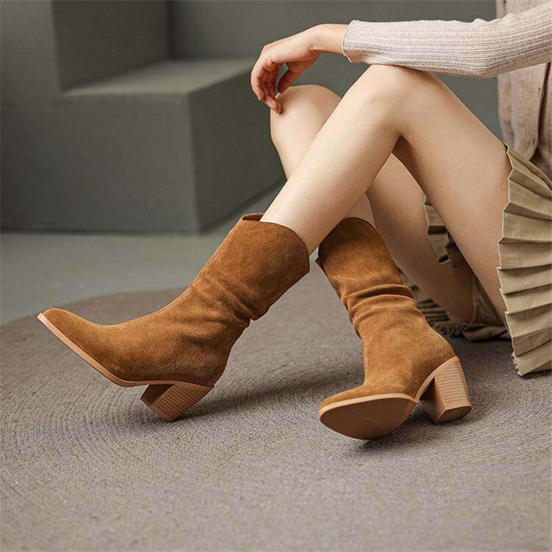 Fashion 2025 Autumn Cow Suede Women Boots Pointed Toe Chunky Heels Boots for Women Winter Boots Mid-calf Boots High Heels Zapatos Mujer