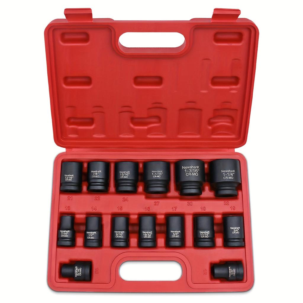 15 Pieces 1/2-Inch Drive Shallow Impact Socket Set,Metric,SAE, 6 Point, Shallow, 1/2" Dr. Shallow Socket SET With a Storage Case