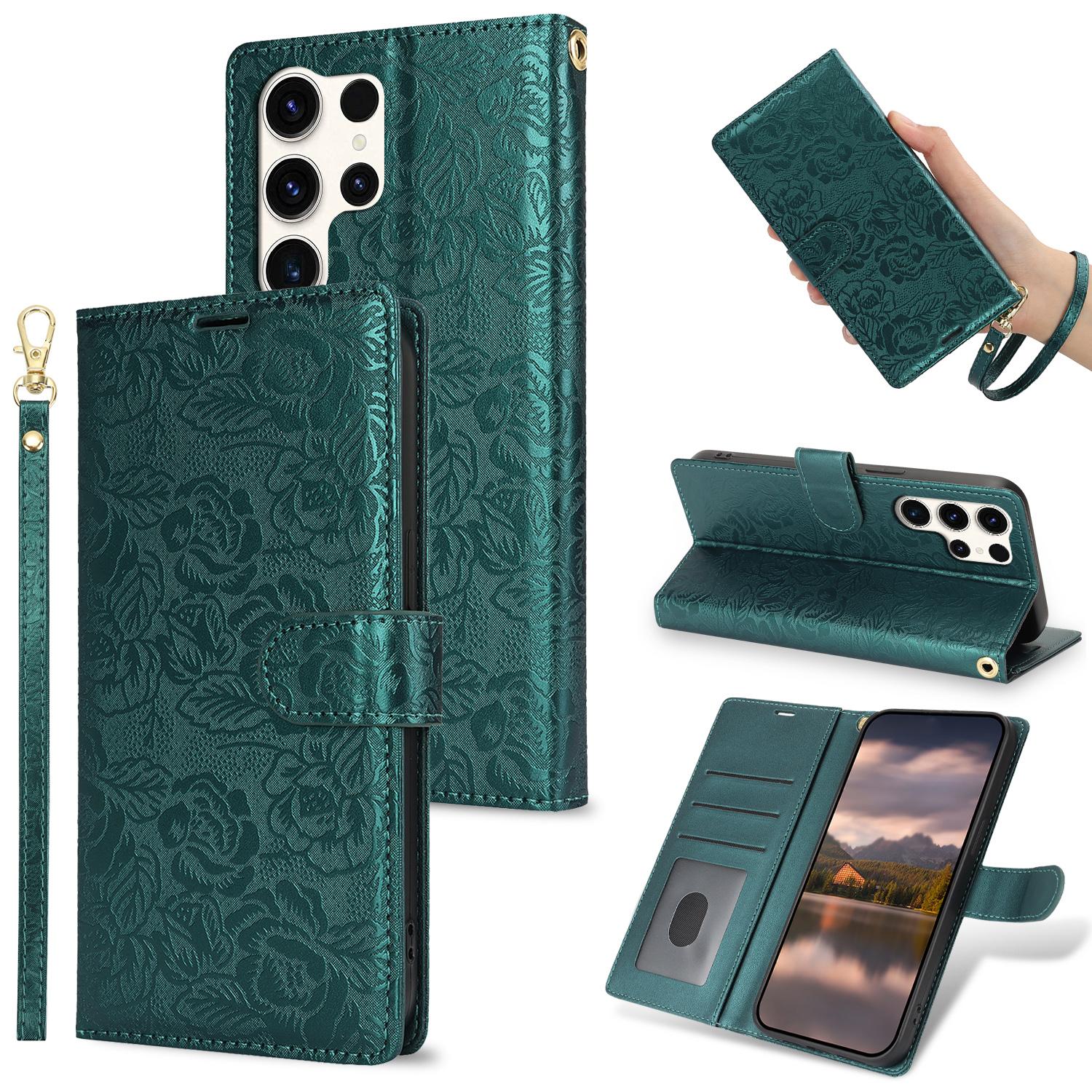 Luxury Wallet Leather Case for Samsung Galaxy S26 S25 S24 S23 S22 S21 S20 S10 S9 Ultra Plus S25FE Flower Pattern Card Solt Cover Galaxy S26 зелёный