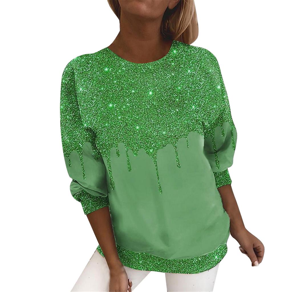 Modne Casualowe Damskie T-shirty z Okrągłym Dekoltem i Błyszczącym Nadrukiem 3D z Długim Rękawem
