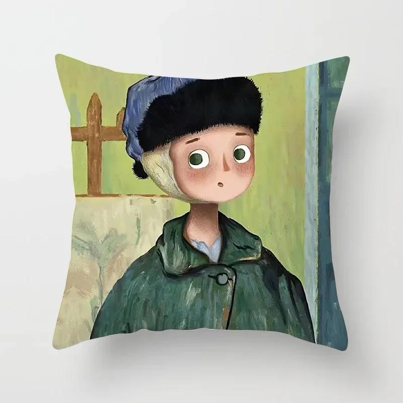 Creative Cartoon Oil Painting Mona Lisa  Gogh Cushion Cover Portrait Painting Throw Pillow Case Cojines Decorativos Para Sofa