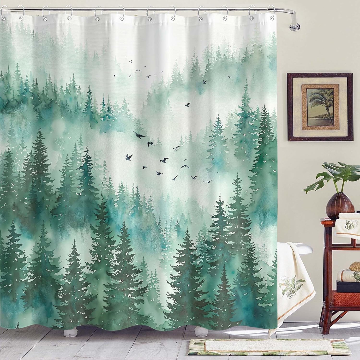 

Teal Misty Forest Shower Curtain – Watercolor Pine Trees & Foggy Woodland, Rustic Nature Decor 12Pcs Hooks 71X71Inch W60H190(CM)-1 Pcs