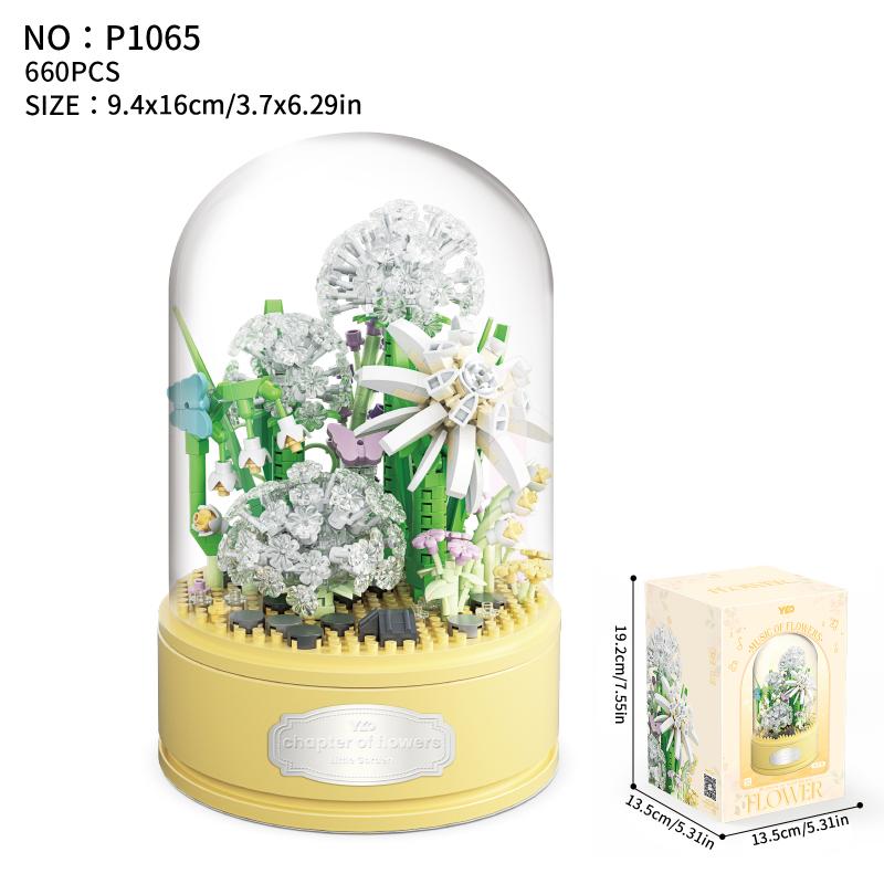 Flower Spinning Music Box Blue Sunflower Pink Creative Office Decoration Building Block DIY Toy Gift