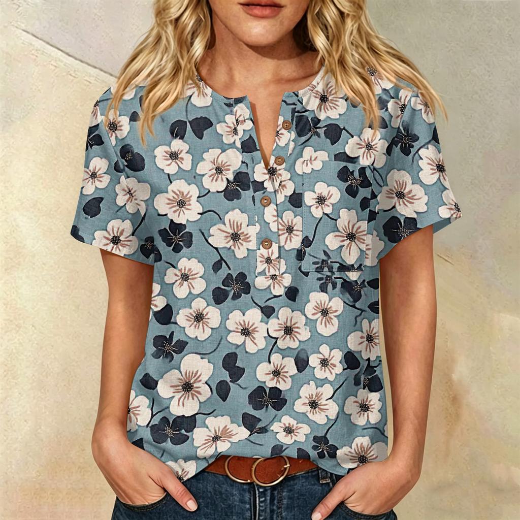 Women's Floral Print Short Sleeve Shirt Henley Button Neck Chest Pocket Casual Linen Cotton Blended Top for Summer