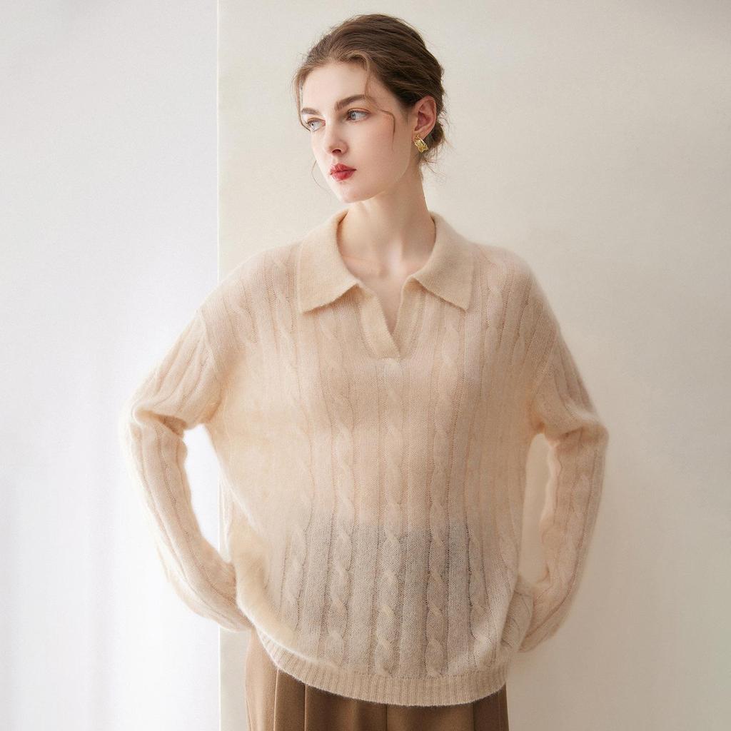 Women's Cashmere Cable Knit Sweater - New Lapel Style, Loose Fit, Autumn/Winter Versatile Top in Pink, Purple, and Light Blue.