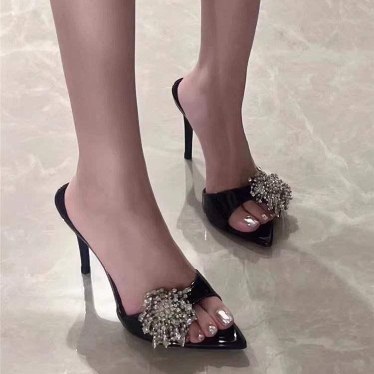 2025 Summer One-Strap Black Rhinestone Stiletto Mule Heels