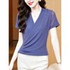 Women's Wrap V Neck Short Sleeve Mesh T-Shirt Slim Fit Rhinestone Beaded Summer Blouse