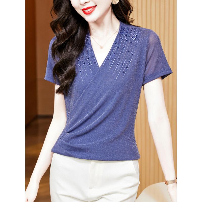 Women's Wrap V Neck Short Sleeve Mesh T-Shirt Slim Fit Rhinestone Beaded Summer Blouse