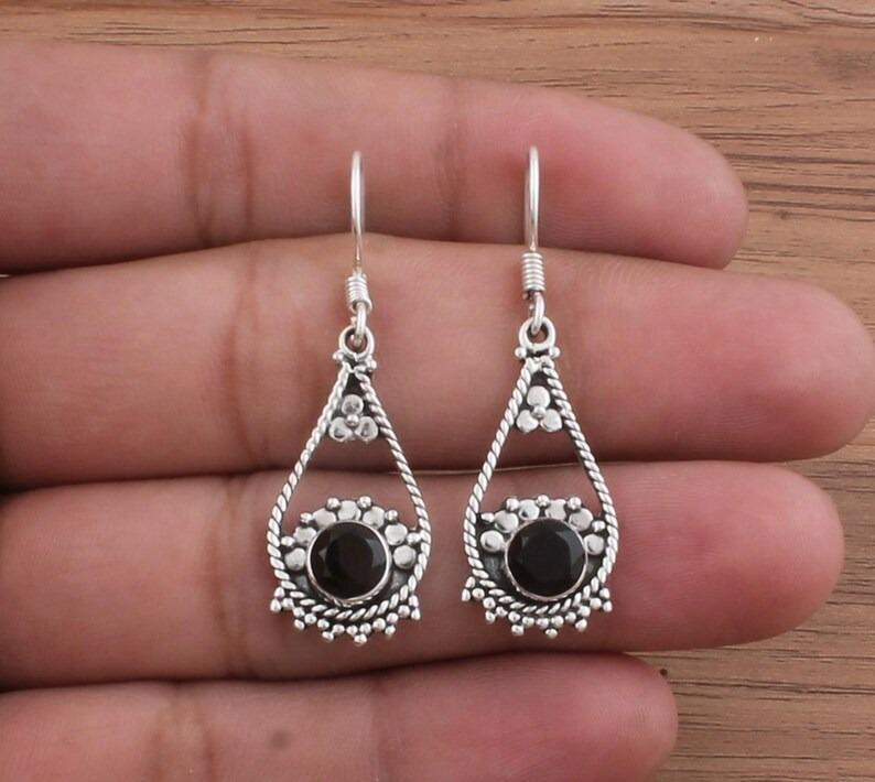 Solid 925 Sterling Silver Black Onyx Round Gemstone Handmade Designer Earrings Dangle Earring Gift For her