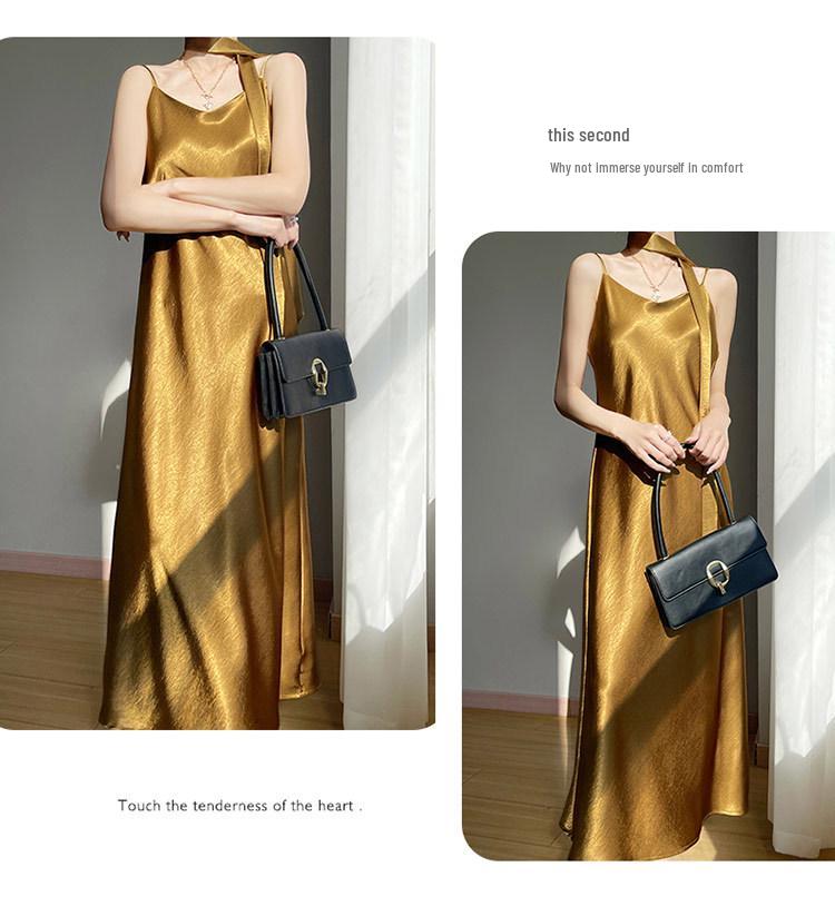 Elegant French V-Neck Spaghetti Strap Satin Dress with Slimming Design