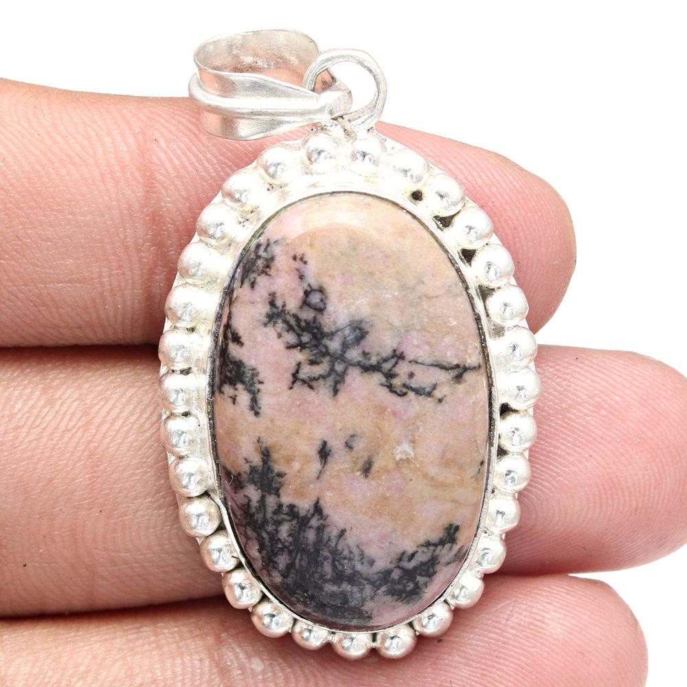 Pendant Rhodonite Gemstone Handmade Mother'Day Silver Jewelry 2"