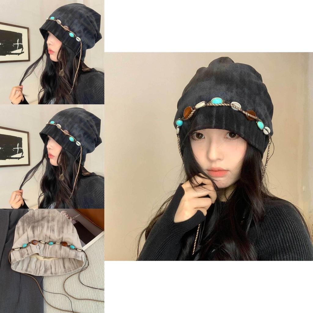 Boho-Hut mit Perlenquasten und Kettenverzierung für Damen, Herbst- und Wintermode