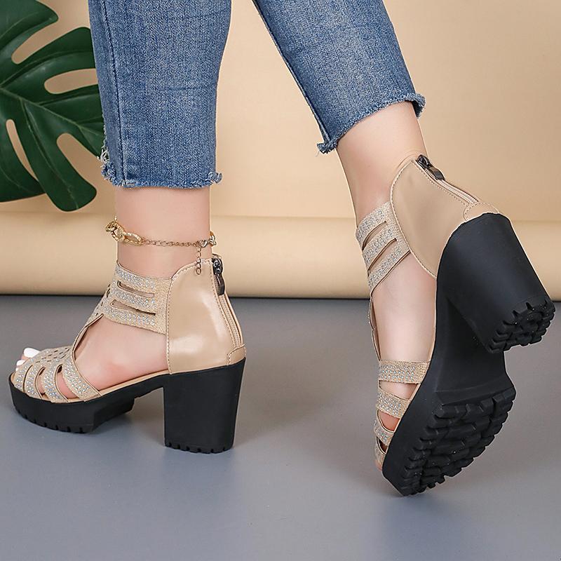 Fashion Fashion Open Toe Hollow Summer Sandal Women Diamond Decor High-Heeled Sandals Lady Luxury Non Slip Cover Heel Sandal Mujer