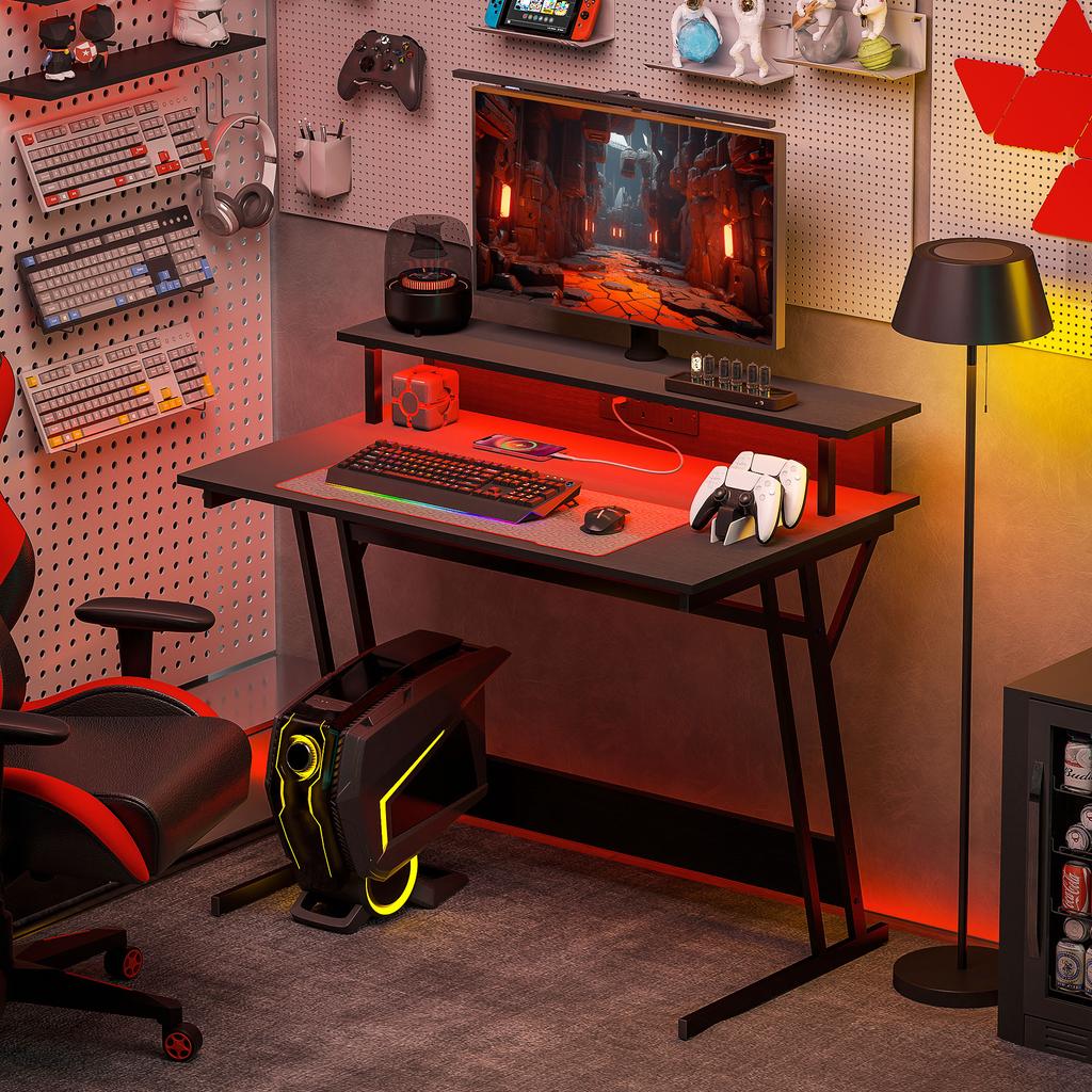 Two Level Led Gaming Desk Black