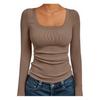 Women‘s Ribbed Square Neck Top, Long Sleeve Slim Fit Basic Shirt for Fall Winter Spring, Casual Crop Tee