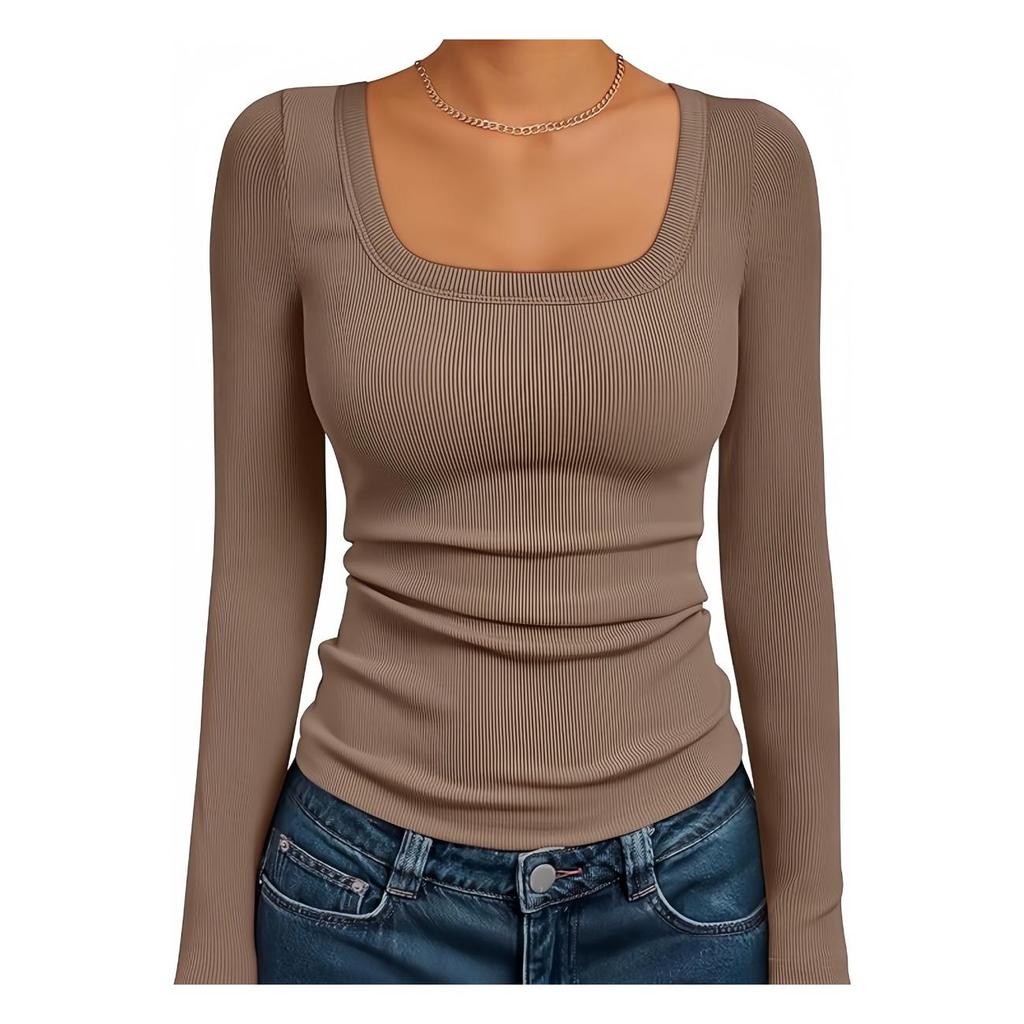 Women‘s Ribbed Square Neck Top, Long Sleeve Slim Fit Basic Shirt for Fall Winter Spring, Casual Crop Tee