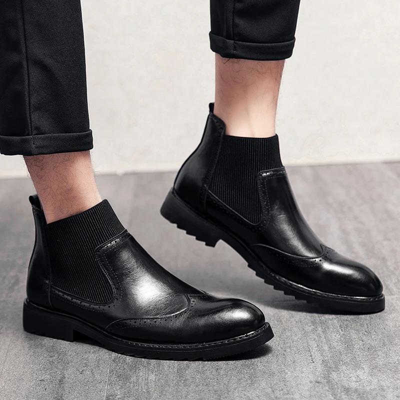 Winter Comfy British Style Man Ankle Boots Leather Brogue Shoe Retro Formal Business Dress Shoe Mens Boots Chelsea Fashion Shoes