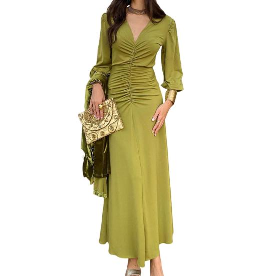 Women's Ruched Bodycon Evening Dress Casual Long Sleeve V Neck Prom Dress Cocktail Party Formal Maxi Mermaid Dress
