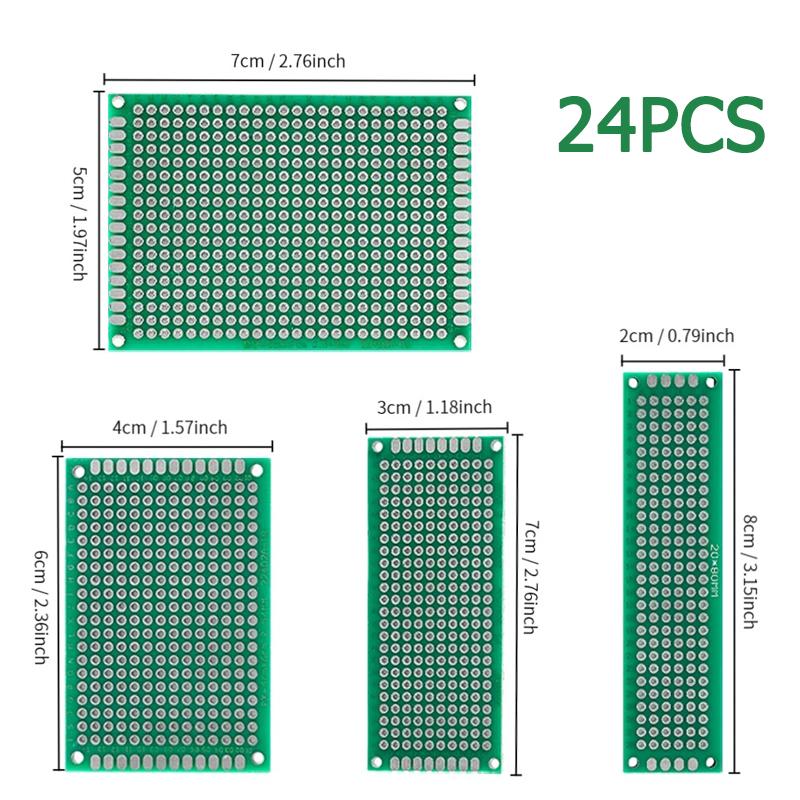 

24PCS PCB Kit Prototype Board Double-sided Circuit Board 2*8 3*7 4*6 5*7cm DIY Soldering Electronic Kits зелений