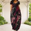 Women Plus Size Round Neck Short Sleeve Abstract Printed Loose Maxi Dress With Side Pockets