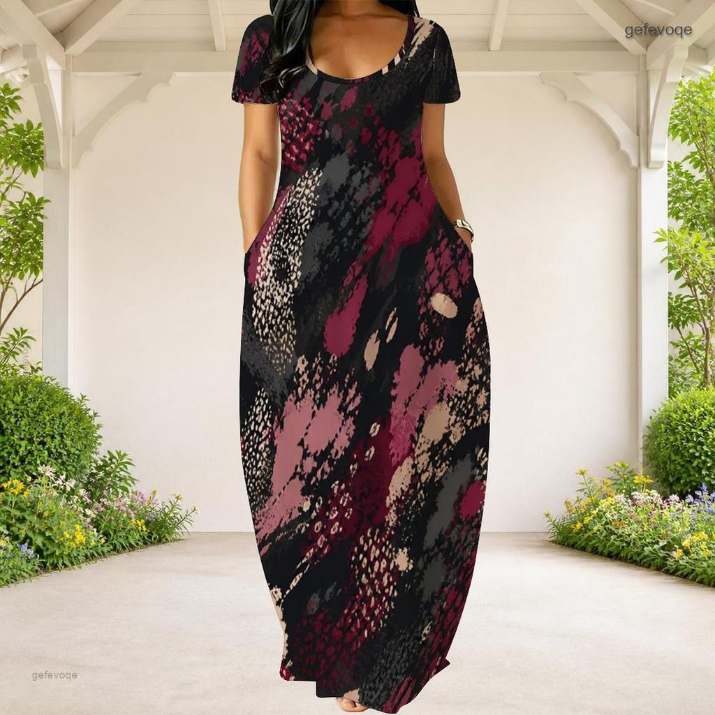 Women Plus Size Round Neck Short Sleeve Abstract Printed Loose Maxi Dress With Side Pockets