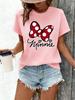Red Polka Dot Bow and Handwritten Minnie Pattern T-shirt Short Sleeve Top Casual Fashion Printed for Elegant Women's Clothing