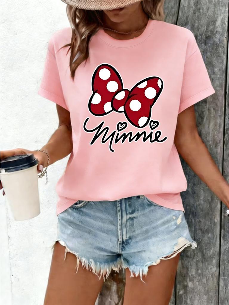 Red Polka Dot Bow and Handwritten Minnie Pattern T-shirt Short Sleeve Top Casual Fashion Printed for Elegant Women's Clothing