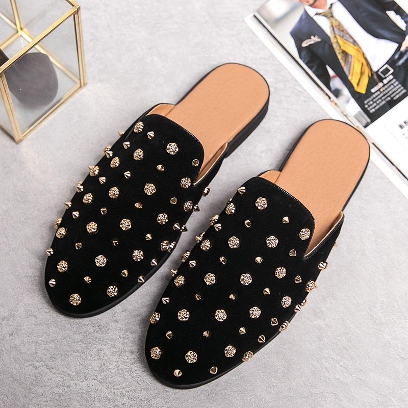 Fahsion Men Half Slippers Rock Punk Rivet Shoes Male Slip On Casual Mules Moccasins Breathable Penny Loafers Zapatos Hombre
