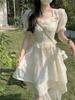 Short-Sleeve Ladylike Apricot Fairy Dress - French Style, Waist-Slimming, Irregular Hem