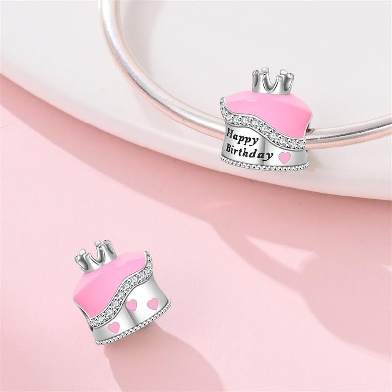 Original Charms Copper Pink Happy Birthday Crown Cake Bead For Woman Jewelry Birthday Gift For Bracelet Accessories