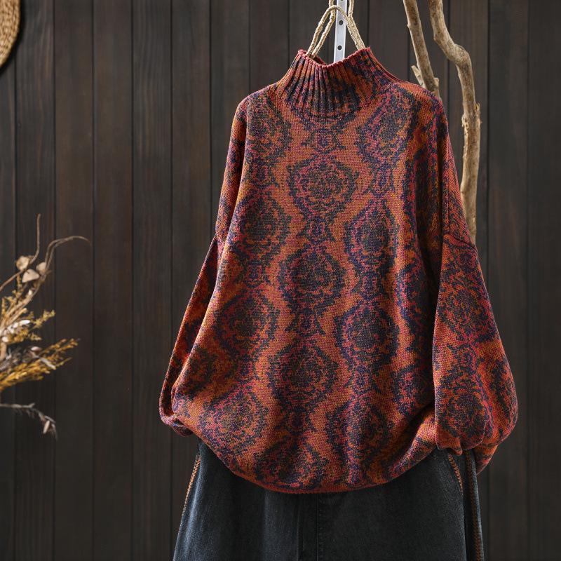 Vintage Ethno-Print Damen Halbhoher Kragen Übergröße Locker Gestrickter Pullover für Herbst/Winter